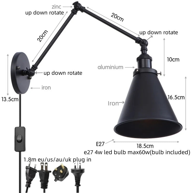 Helnys Retro LED Swing Arm Wall Sconce Black Industrial Vintage Loft Lamp