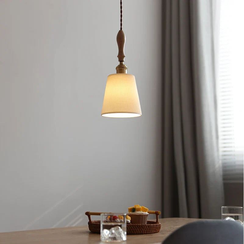 Helnys Wood Handle Copper LED Pendant Lights Fixture Modern Hanging Lamp