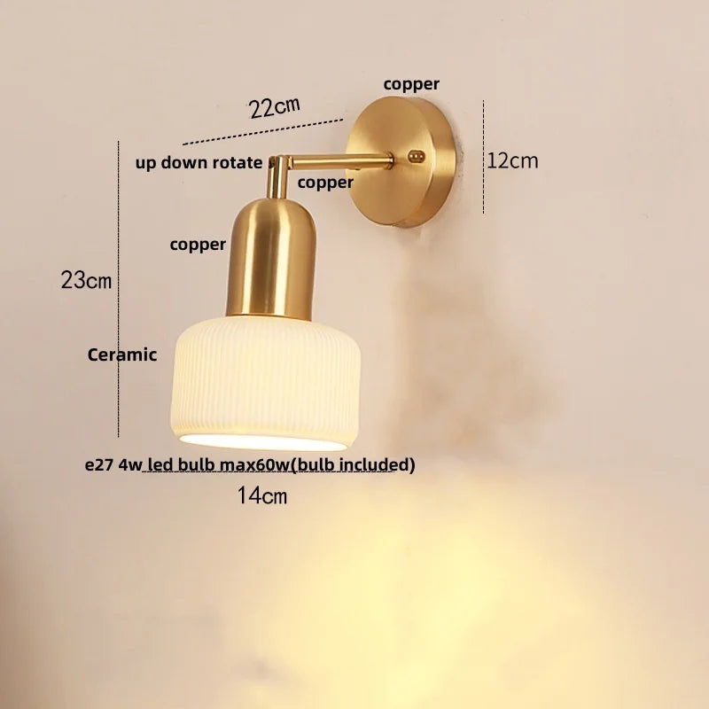 Helnys Rotatable Ceramic LED Wall Sconce Nordic Walnut Wood Bedside Lamp
