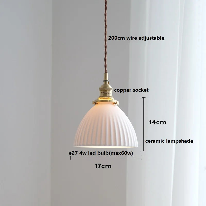 Helnys Ceramic LED Pendant Light with Wood Handle and Copper Socket