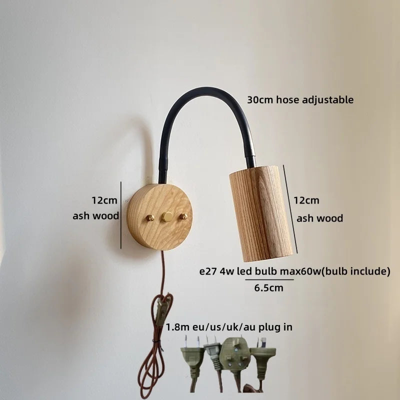 Helnys Wooden Bedside LED Wall Lamp Japan Style Home Decor Fixture