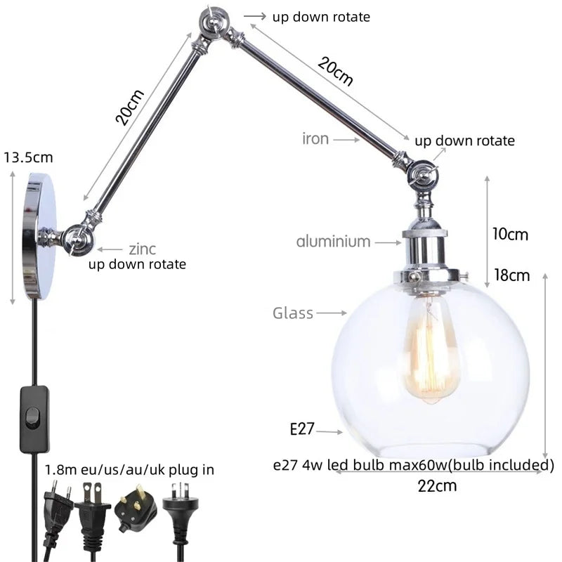 Helnys Chrome Industrial Swing Arm LED Wall Sconce Clear Glass Lamparas De Pared