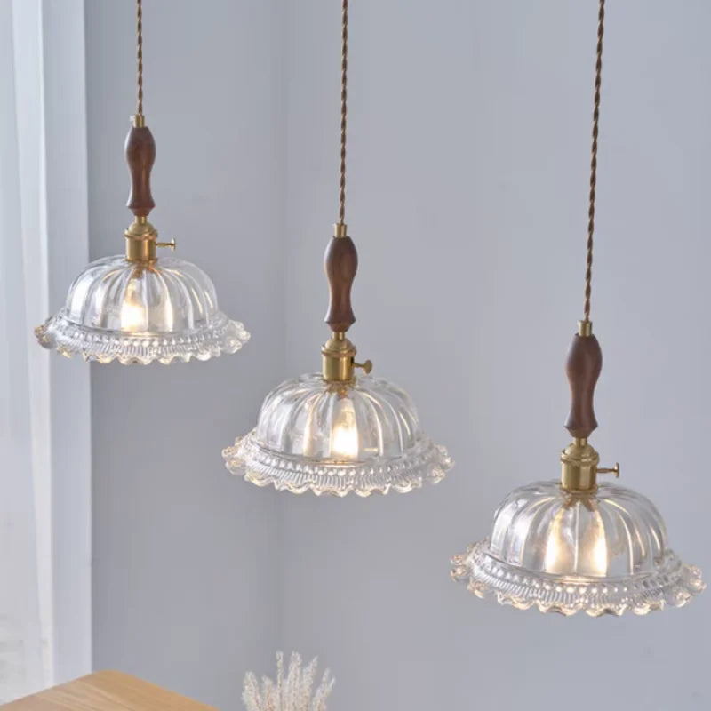 Helnys Nordic Walnut Flower Glass Pendant Chandelier Switch LED Hang Lamp
