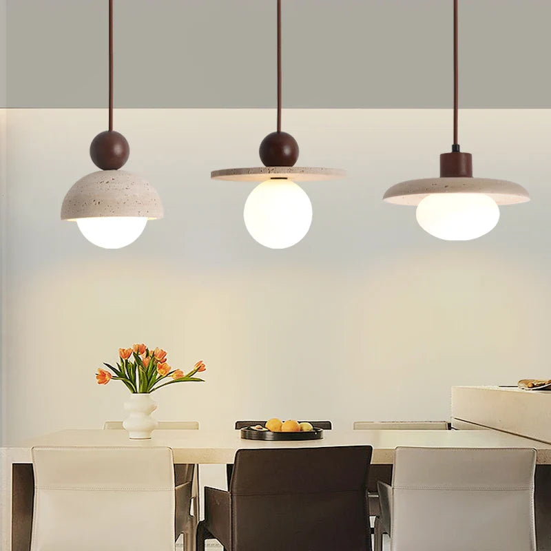 Helnys Ambient LED Pendant Wood Canopy Yellow Travertine Glass Hanging Lamp
