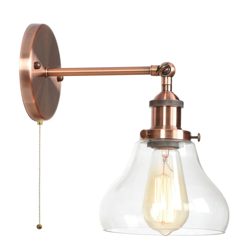 Helnys Red Bronze LED Wall Lamp Pull Chain Switch Clear Glass Vintage Retro Stair Light