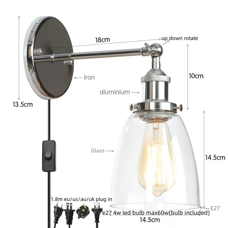 Helnys LED Wall Lamp Single Arm Glass Iron Vintage Retro Stair Light