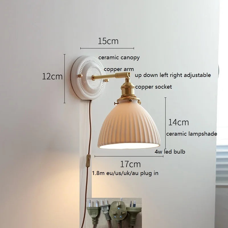 Helnys Ceramic LED Wall Sconce - Copper Arm, Adjustable Pull Chain Switch