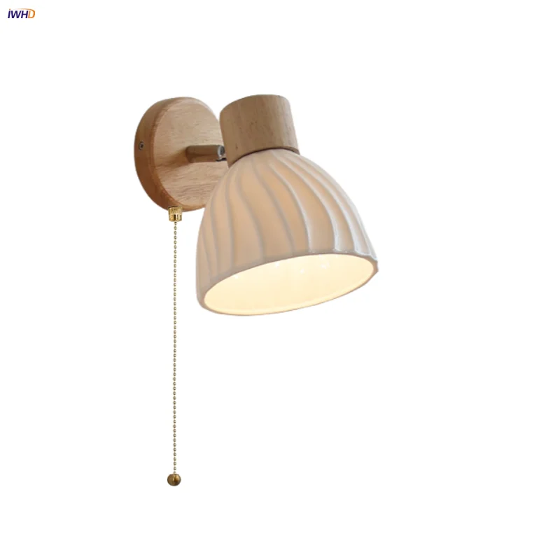 Helnys Ceramic LED Wall Light, Modern Nordic Rotate Wood Bedside Lamp