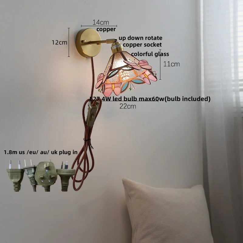Helnys Copper LED Wall Lamp with Pull Chain Switch & Rotatable Glass Mirror Light