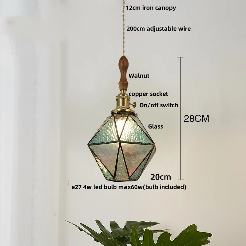 Helnys Brass Vintage LED Pendant Light Fixture Walnut Wood Glass Dining Room Lamp