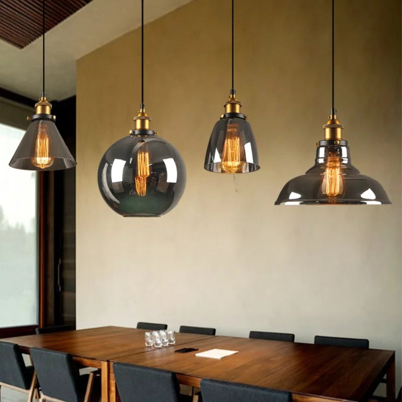 Helnys Loft Smoke Gray LED Pendant Lamp Brass Glass Vintage Hanging Light