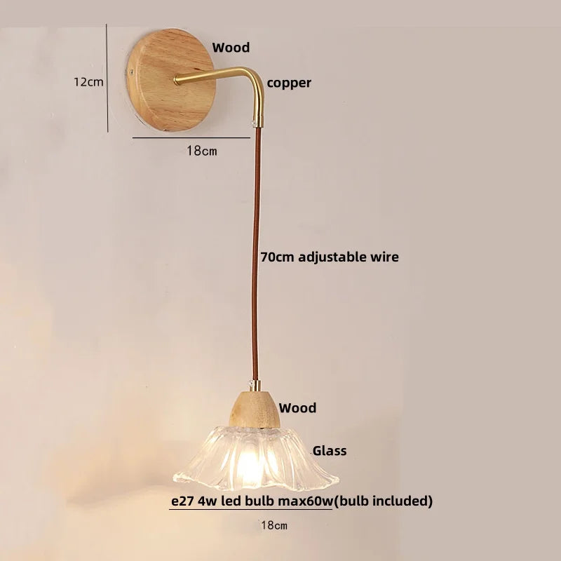 Helnys Wood Glass LED Wall Light Fixture with Pull Chain Switch