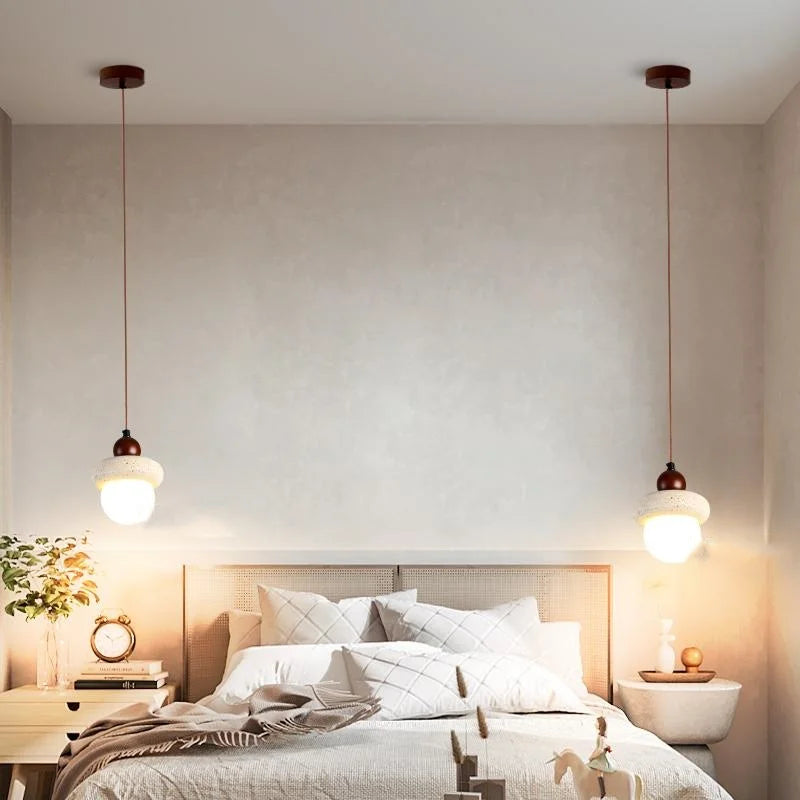 Helnys White Glass LED Pendant Lamp with Wood Base, Nordic Modern Hanging Light
