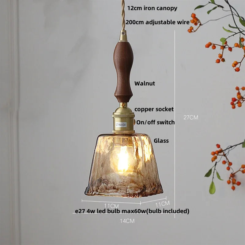 Helnys Amber Glass Pendant Lights with Brass Knob Switch and LED
