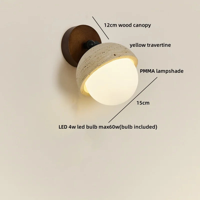 Helnys Yellow Travertine Stone LED Wall Sconce Light for Bedroom Living Room