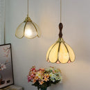 Helnys LED Pendant Lamp with Adjustable Walnut Wood & Tiffany Glass for Dining Room.