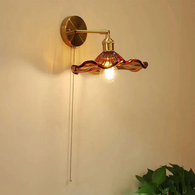 Helnys Green Glass Copper LED Wall Sconce with Pull Chain - Nordic Modern Wandlamp