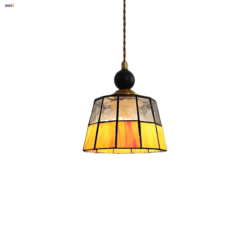 Helnys Nordic LED Pendant Lights Glass Hanging Lamp Tiffany Colorful Wood Copper