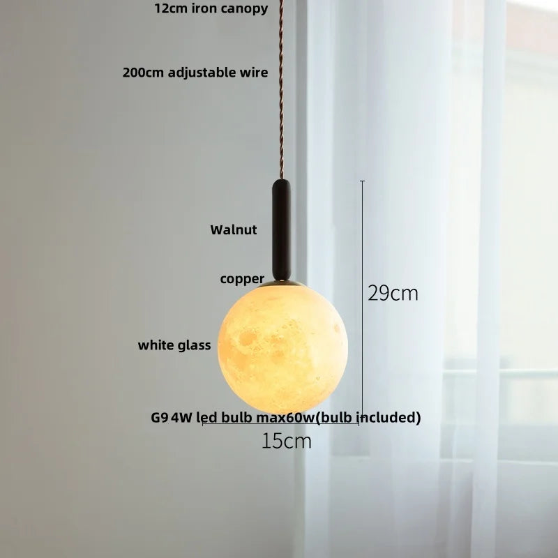Helnys Amber Glass LED Pendant Light Fixture with Walnut Wood Hanging Lamp Base