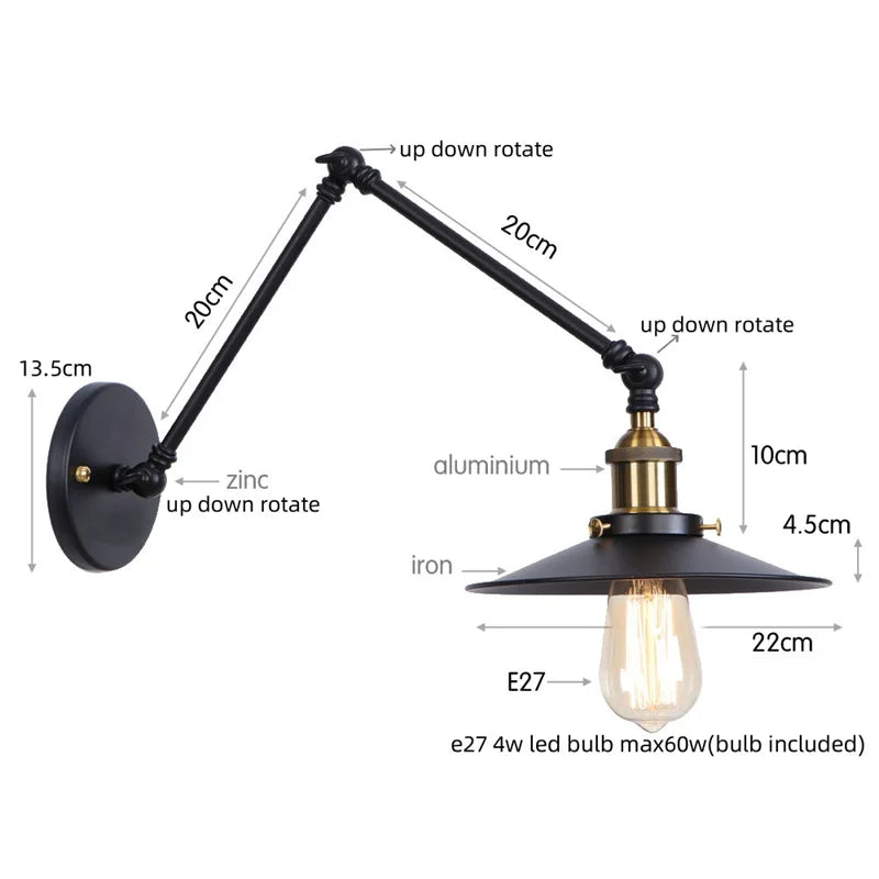 Helnys Rustic Vintage LED Wall Lamp Pull Chain Switch Stair Light Fixtures