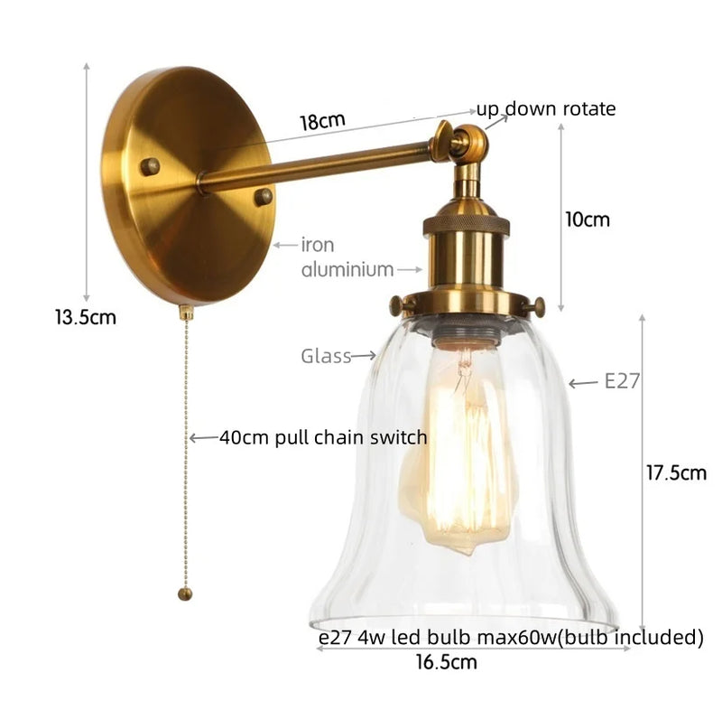 Helnys Vintage LED Glass Wall Sconce with Pull Chain Switch