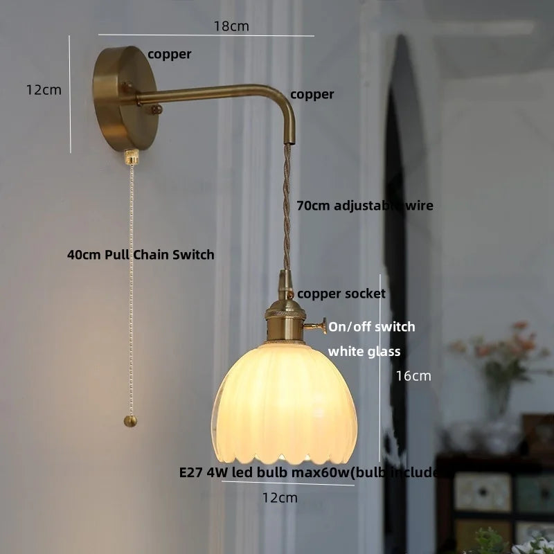 Helnys Smoke Gray Glass LED Wall Light with Pull Chain Switch - Minimalist Design