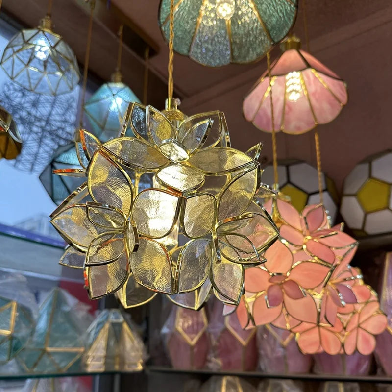 Helnys Flower Glass Pendant Lamp with Adjustable Wire, LED Dining Room Light