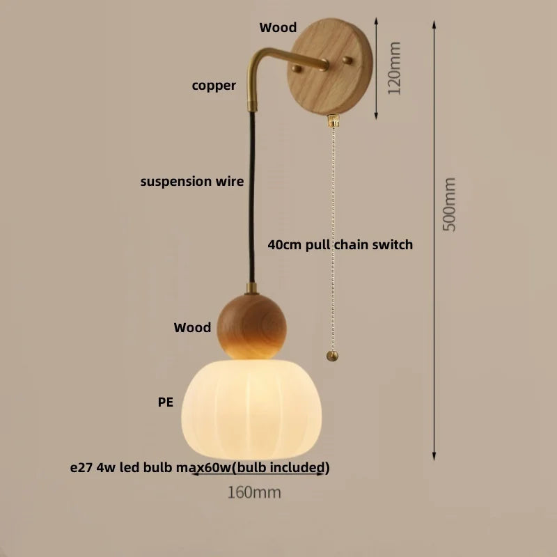 Helnys Wood Adjustable LED Wall Lamp Sconce Pull Chain Switch, Art Ambient Light