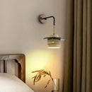 Helnys LED Pull Chain Wall Sconce Yellow Travertine Stone Wood Nordic Bedside Lamp