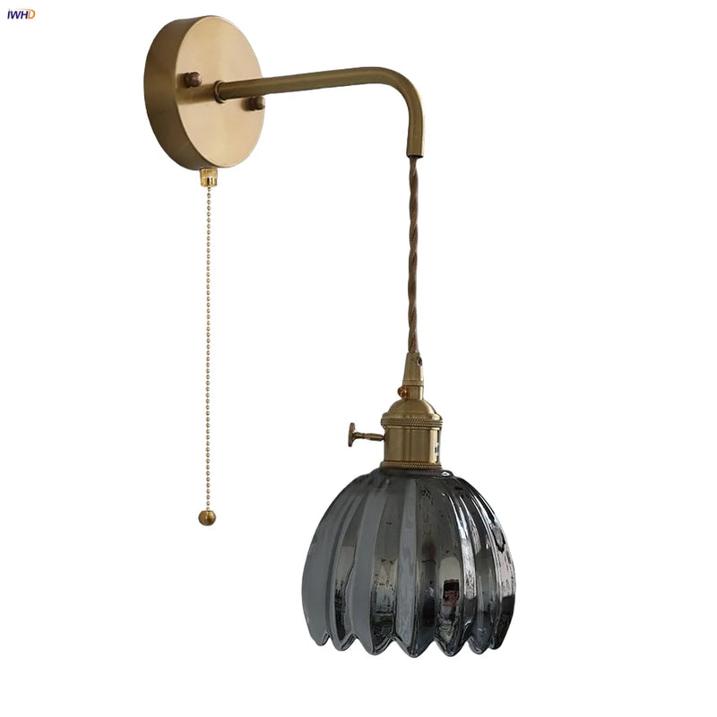 Helnys Smoke Gray Glass LED Wall Light with Pull Chain Switch - Minimalist Design