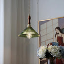 Helnys Walnut Wood LED Pendant Light Fixture with Adjustable Green Glass