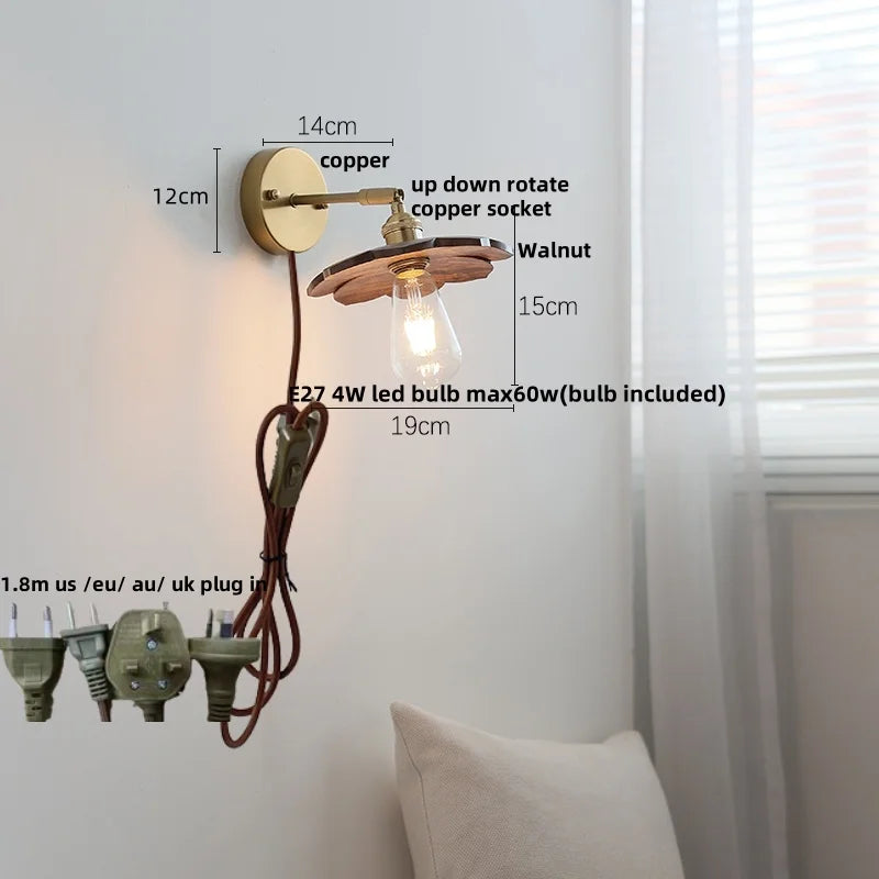Helnys Nordic LED Wall Light Walnut Wood Copper Sconce with Pull Chain Switch