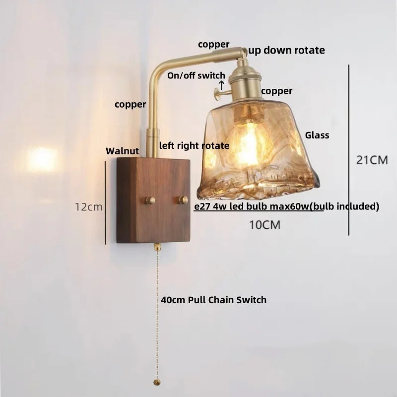 Helnys Walnut Wood LED Wall Sconce with Pull Chain Switch