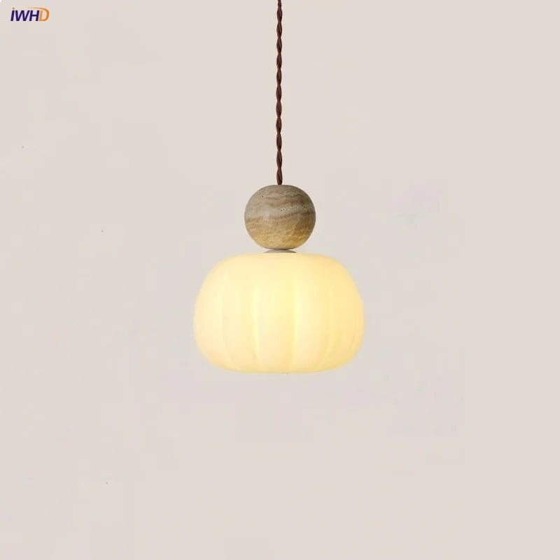 Helnys White PE Lampshade LED Pendant Lamp Yellow Travertine Globe Wood Hanging Lights