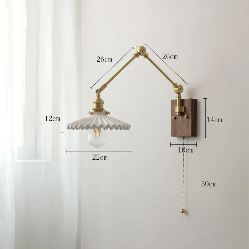 Helnys Nordic Ceramic Wall Lamp with Pull Chain Switch, LED Living Room Bedroom Light