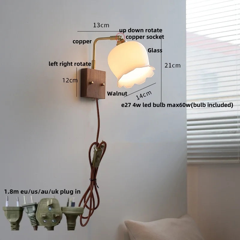 Helnys Rotatable Vintage LED Wall Sconce Pull Chain Switch Wood Bedside Lamp