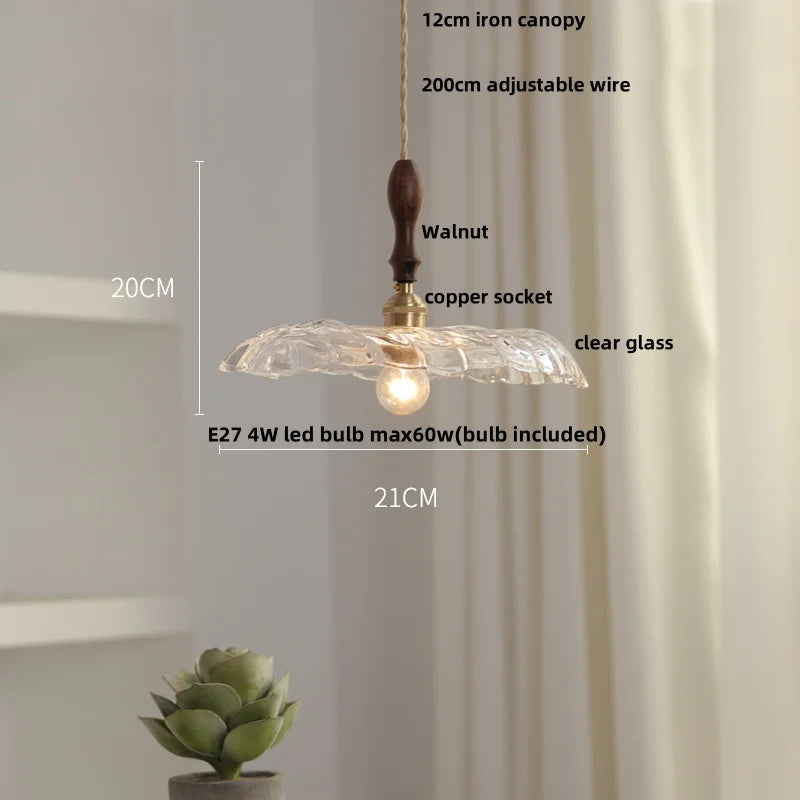 Helnys Nordic Walnut Wood LED Pendant Light Fixture Glass Hang Lamp