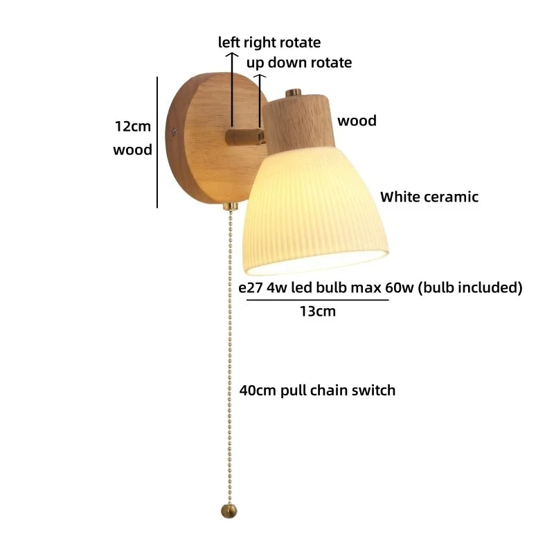 Helnys Japanese Style LED Wall Light Fixture Ceramic Wood Bedside Lamp