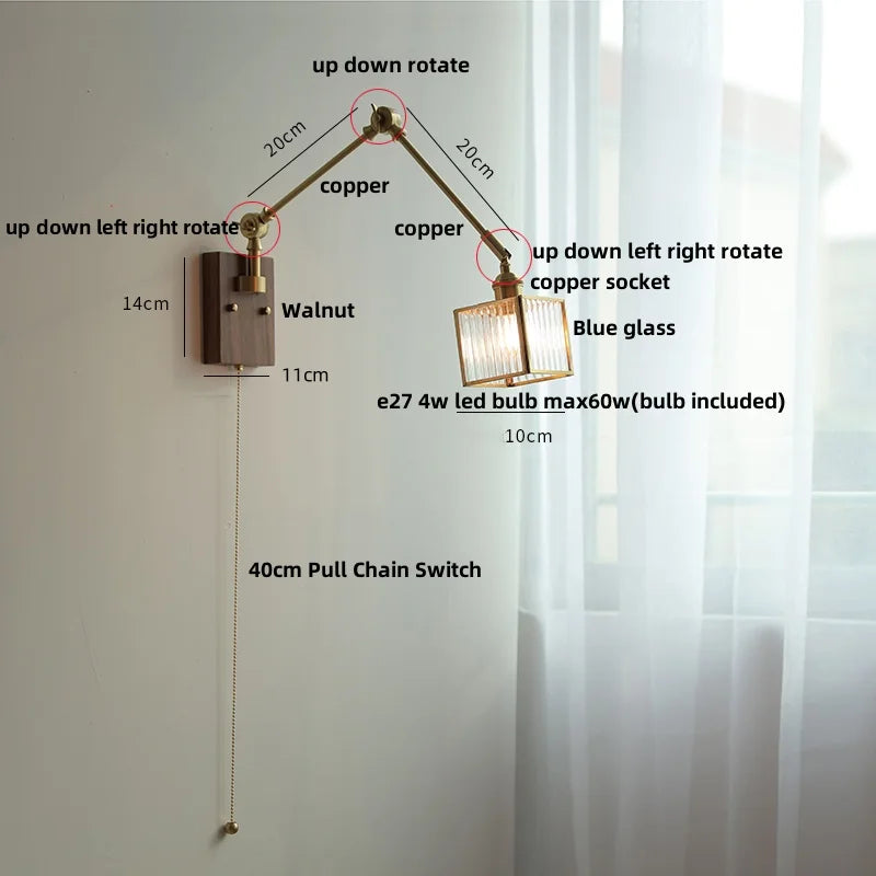 Helnys Modern LED Wall Lamp Glass Pull Chain Switch Rotatable Swing Arms Fixtures
