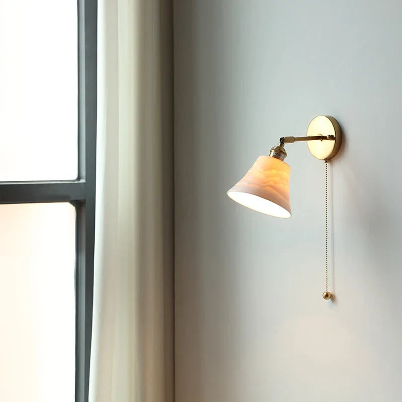 Helnys Nordic LED Wall Light with Pull Chain Switch, White Ceramic Rotation for Home