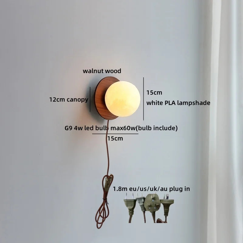 Helnys Nordic LED Wall Sconce Walnut Glass Ball Pull Chain Switch Wall Light