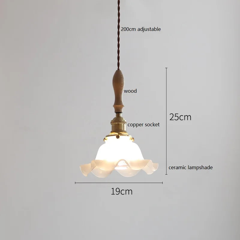 Helnys Wood Handle Copper LED Pendant Lights Fixture Modern Hanging Lamp