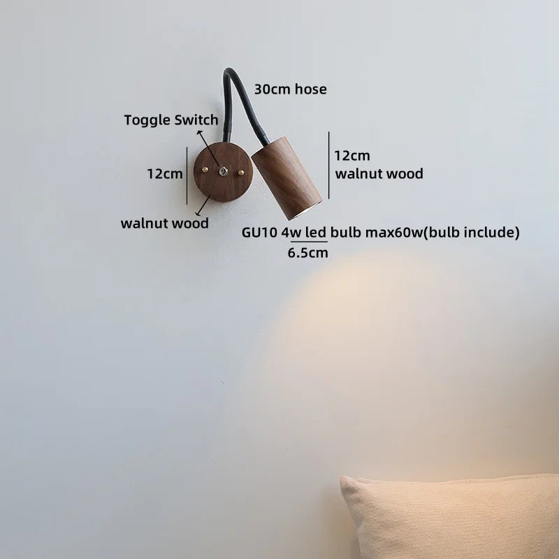 Helnys Vintage LED Wall Light Walnut Wood Black Hose Bedside Lamp