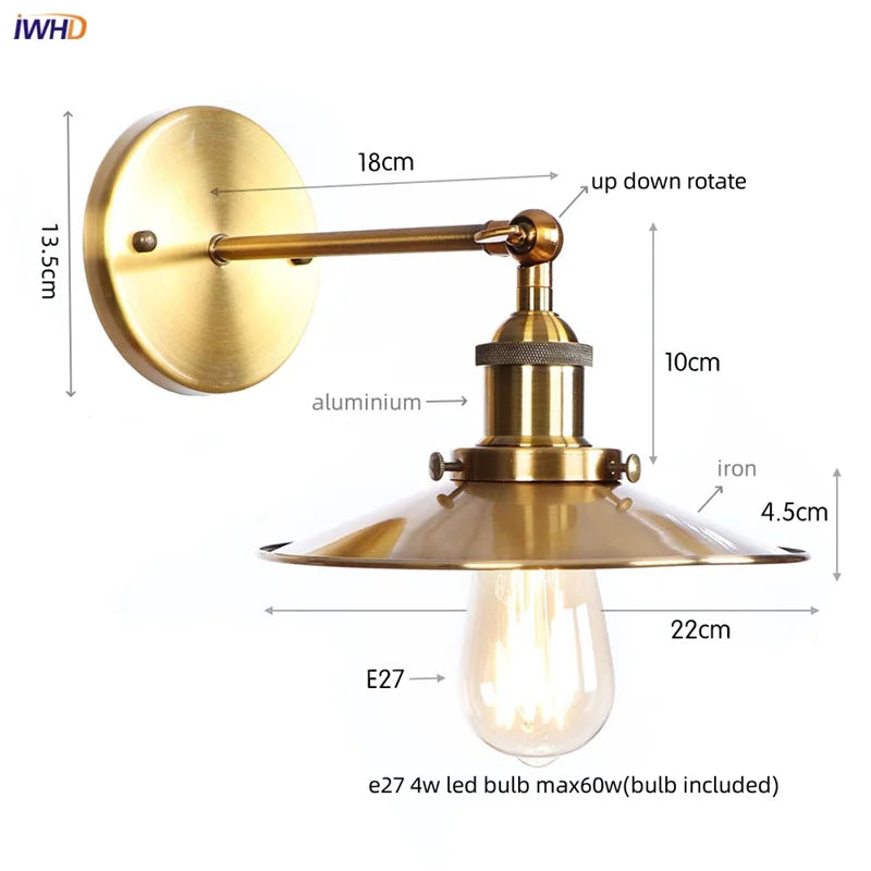 Helnys Loft LED Wall Lamp With Gold Pull Chain Switch - Industrial Vintage Design
