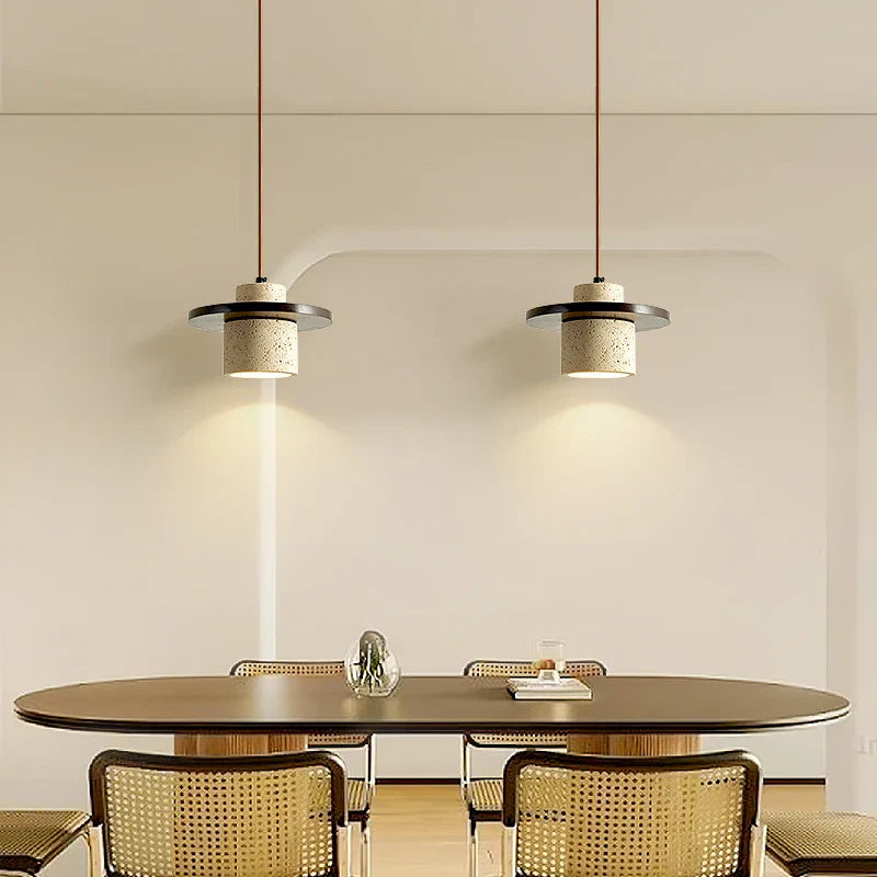 Helnys LED Pendant Lamp Wood Base Yellow Travertine Adjustable Hanging Lights