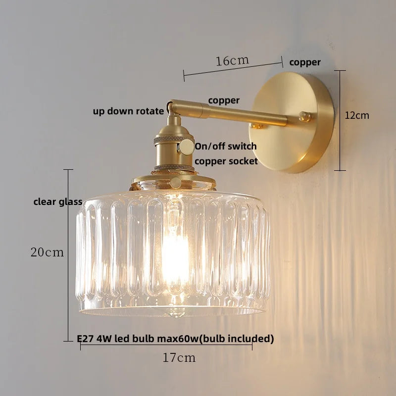Helnys Nordic LED Wall Light | Modern Copper Bedside Lamp with Clear Glass Rotation