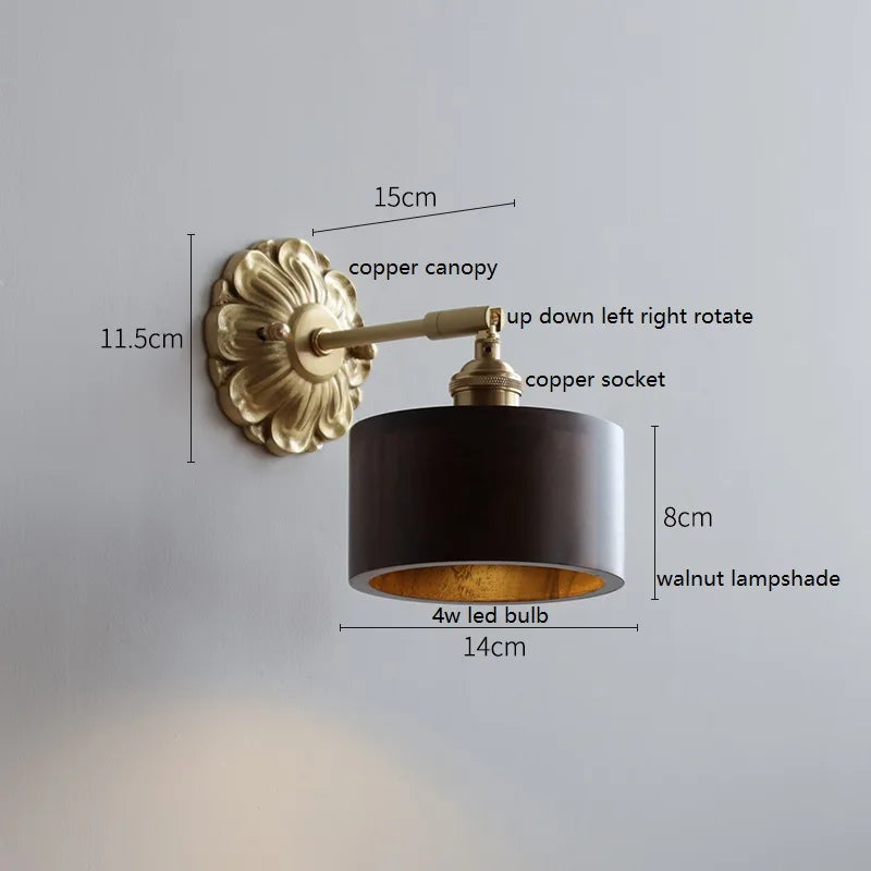 Helnys LED Wall Sconce Switch Wood Bedroom Living Room Copper Arm Wall Light