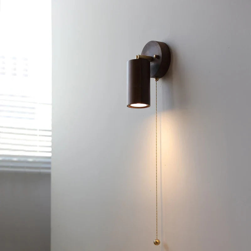 Helnys Nordic LED Wall Lamp Walnut Finish Pull Chain Switch Rotating Light