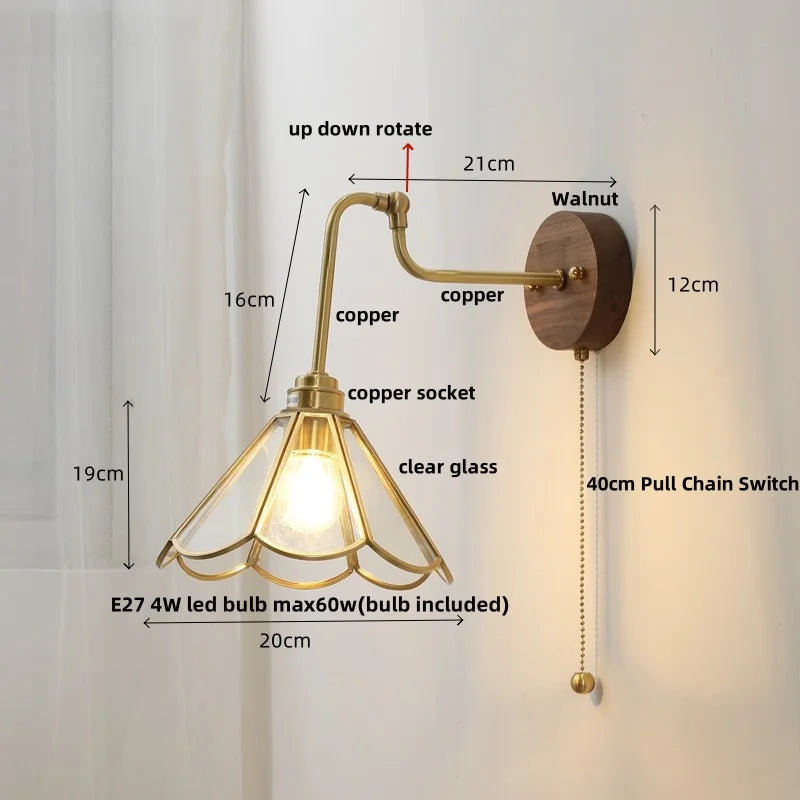 Helnys Amber Glass Wall Lights with Pull Chain Switch and Walnut Canopy