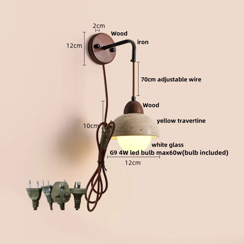 Helnys LED Pull Chain Wall Sconce Yellow Travertine Stone Wood Nordic Bedside Lamp